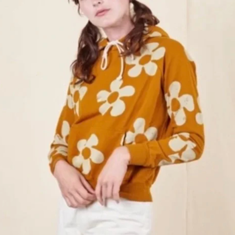 Big Bud Press Paint Stamp Hoodie Yellow Daisy Print Hand Stamped Pullover Medium